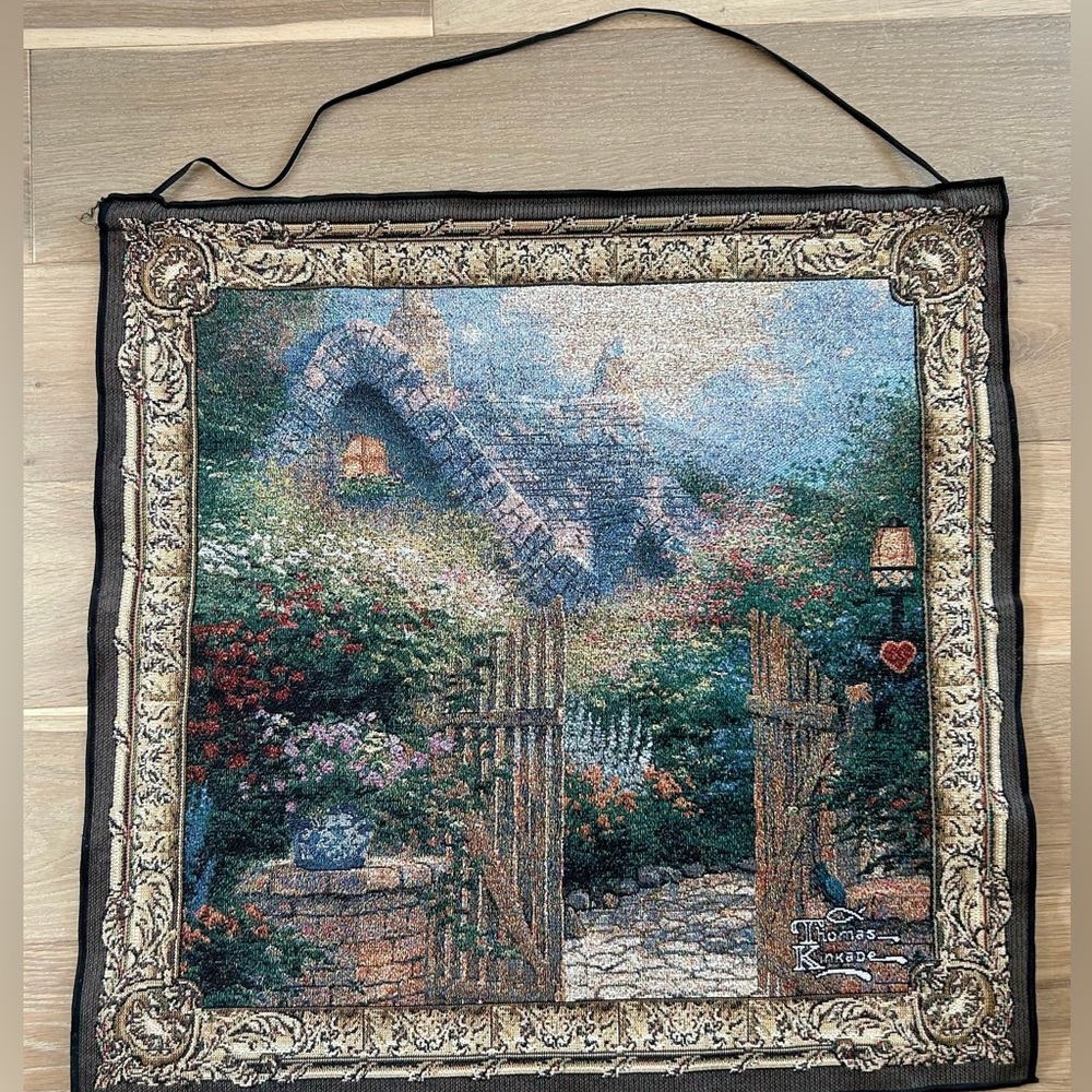 Thomas Kinkade Tapestry Cottage Gate Hanging 26in x 26in